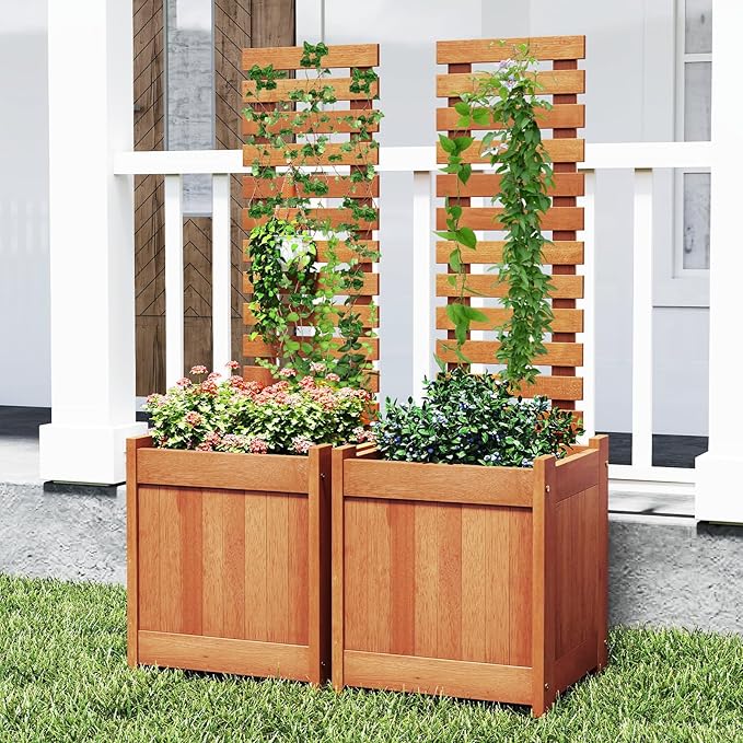 Giantex Wood Raised Garden Bed with Trellis Set of 2, Outdoor Planter Box w/Open-Ended Base for Climbing Plants, 18'' Planting Depth Freestanding Privacy Planters Trellis Planter for Patio, Backyard