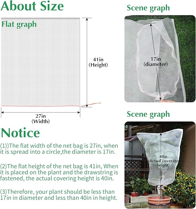 Kikhope 5 Pcs Insect Bird Barrier Netting Mesh with Drawstring- 41"x27" Garden Netting Pest Barrier Plant Cover- Fruit Tree Net for Protect Plant Fruits Flower Vegetables from Insect Bird Eating