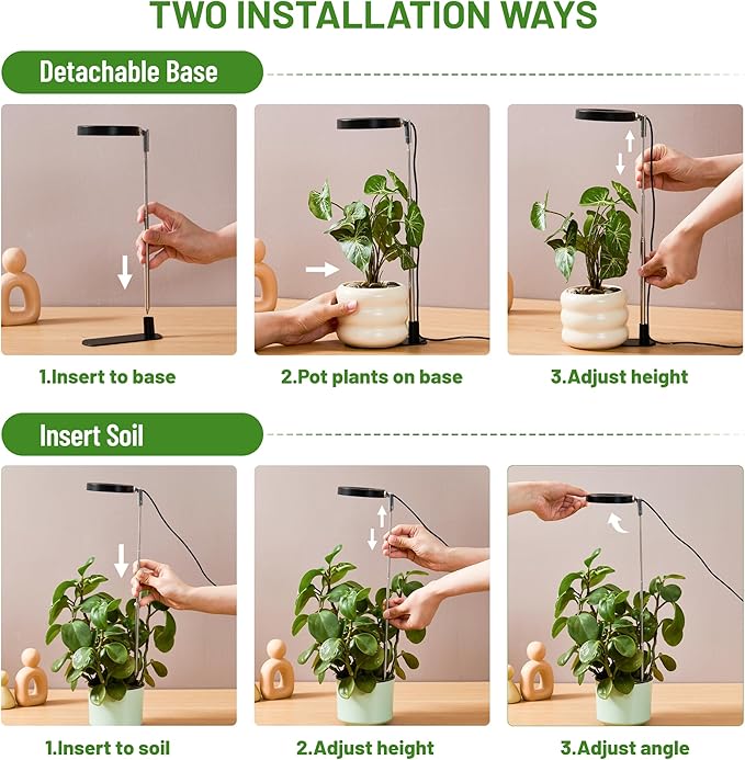 LBW Grow Light for Indoor Plants, Full Spectrum Halo Plant Grow Light with Base, Height Adjustable Plant Lamp with Auto On/Off Timer 4/8/12H, 4 Dimmable Brightness, for Small Plants, Black, 2 Packs