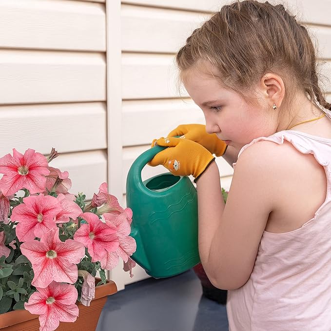 COOLJOB Breathable Toddler Work Gloves for Gardening Boy Girl Ages 4-6 Medium, Nylon Kids Garden Gloves with Grip, Children Yard Gloves for Digging Weeding Landscaping, Green & Orange, 2 Pairs
