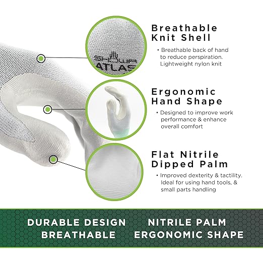 SHOWA Atlas 370W Professional Nitrile Work Gloves, Breathable High-Dexterity Precision Grip for Landscaping, Gardening & Assembly, General Purpose Gloves, White, Medium, 12-Pack