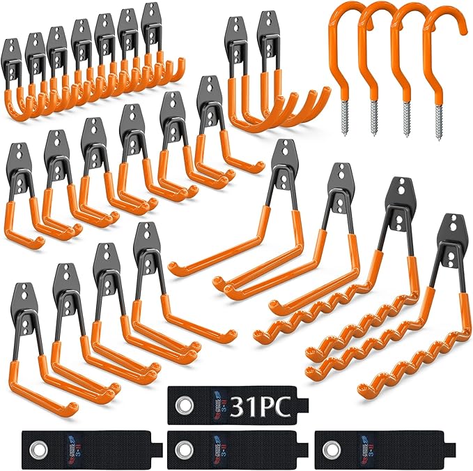 3-H Garage Wall Hooks Heavy Duty 31 Pack, Anti-Slip Steel Wall Mount Storage Hooks for Hanging Ladder Garden Yard Tools, Utility Organizer for Garage Lawn Shed (Orange)