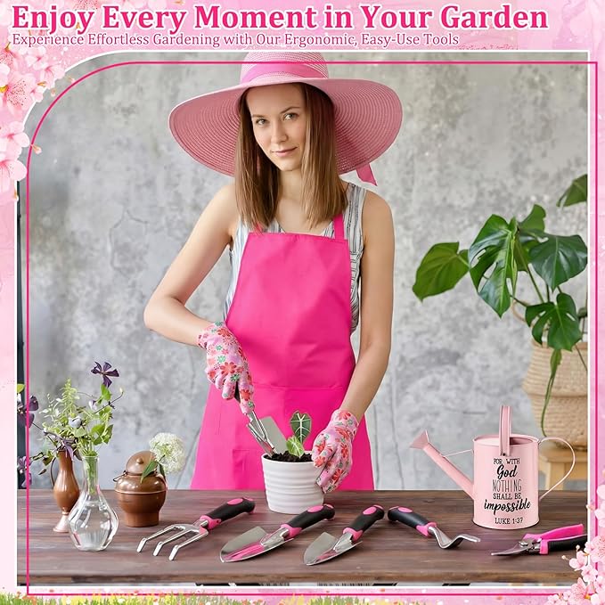 9 Pcs Garden Tools Set Gardening Gifts for Women Include 6 Heavy Duty Garden Hand Tools 1. 6L Christian Galvanized Metal Watering Can Apron Gloves Ideal Gifts for Women Mom Grandma(Pink)