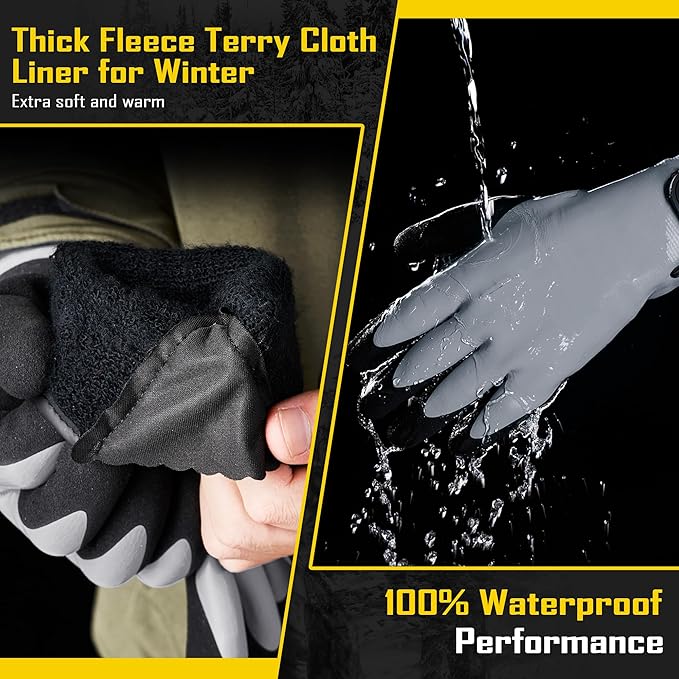 COOLJOB Thermal Warm Winter Work Gloves with Grip, Rubber Coated Touchscreen Waterproof Freezer Gloves for Warehouse, 1 Pair
