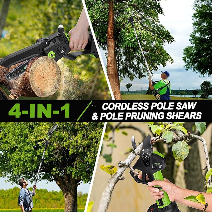 4-in-1 Pole Saw & Electric Pruning Shears, 8 Inch Pole Saws for Tree Trimming, Cordless Pruning Shears with 15ft Max Extension Pole, 2 * 4.0Ah Battery Powered Pole Saw Pole Pruner for Garden