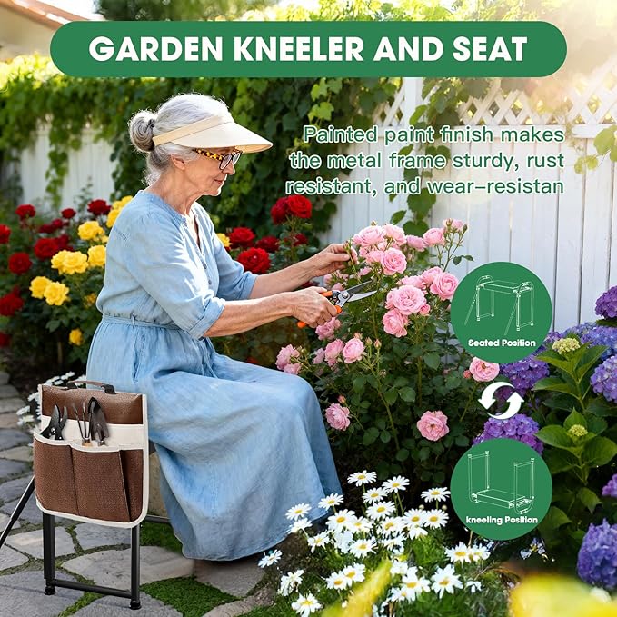 Heavy Duty Garden Kneeler & Seat with Support Legs, 400lbs Capacity Foldable Gardening Stool, Extra Thick Pad & Large Tool Organizer Bag, Ergonomic for Seniors - Dark Black