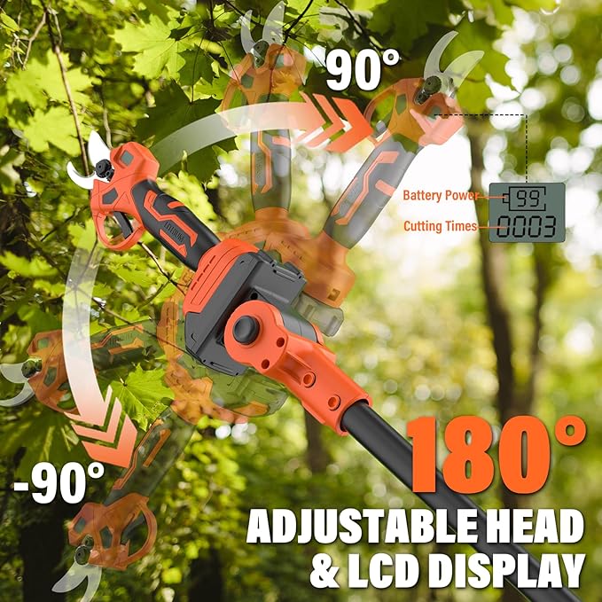 Maxlander Electric Pole Pruning Shears with Pole, 1.2" Cutting Diameter, 2-IN-1 Cordless Tree Pruner Garden Tool for Tree Trimming, 2 x 3.0Ah Batteries, Brushless Motor, 14Ft Reach, LCD Display
