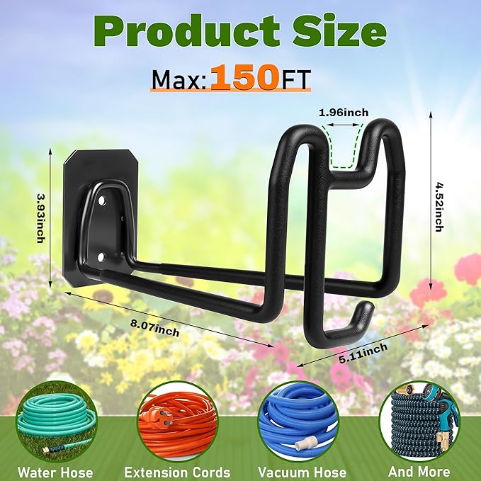 Garden Hose Holder Wall Mount - Metal Hose Hanger with Hook Heavy Duty Garden Hose Reel Sturdy Water Hose Holders for Outside Yard Lawn Storage