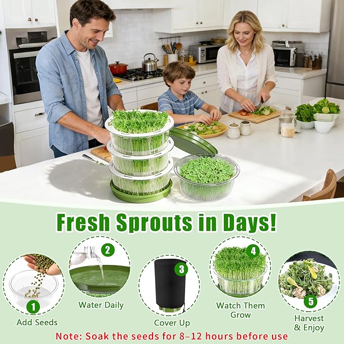 4-Tier Sprouts Growing Kit with Drain Hose & Ventilation Holes, Stackable Microgreens Growing Sprouting Trays Including Blackout Cover, Soil-Free Sprouter for Planting Broccoli Alfalfa Bean Seeds