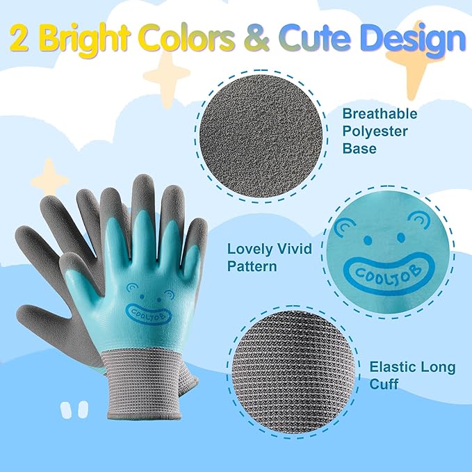 COOLJOB 2 Pairs Waterproof Kids Gardening Gloves for Age 5-7, Non-slip Double-layer Rubber Coating,Children Grippy Breathable Toddler Garden Work Gloves, Blue & Yellow, Medium