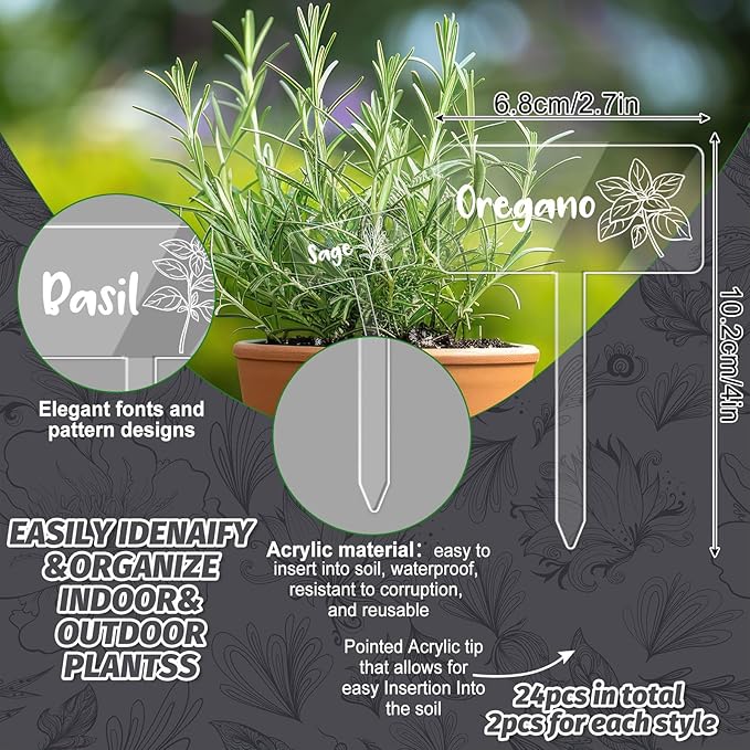 JarThenaAMCS 24Pcs Acrylic Plant Label Signs 12 Styles Garden Herb Markers Transparent Waterproof T-Type Tags Reusable Plant Stake Tags with Names for Nursery Indoor Outdoor Garden Decor