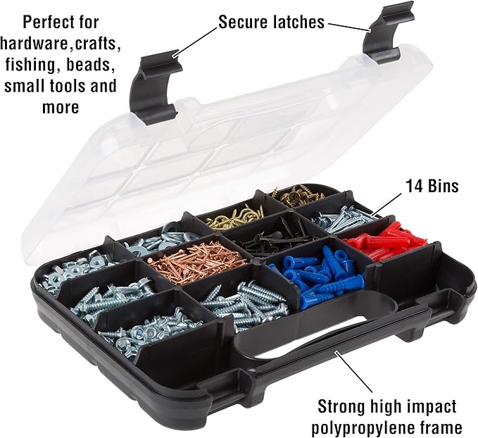 Hardware Organizer Box with Dividers - 14 Compartment Small Parts Organizer Portable Tool Box Organizer with Secure Latches - Plastic Screw Organizer Box for Nuts, Beads, Jewelry or Tackle by Stalwart