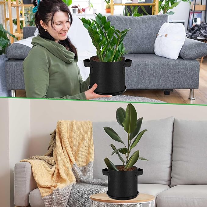 24 Sets 1 Gallon Grow Bag with Plant Saucers, Durable Aeration Fabric Pots with Handles Black Drainage Planter Bags Reusable Garden Bags Plastic Drip Trays Set for Indoor Outdoor