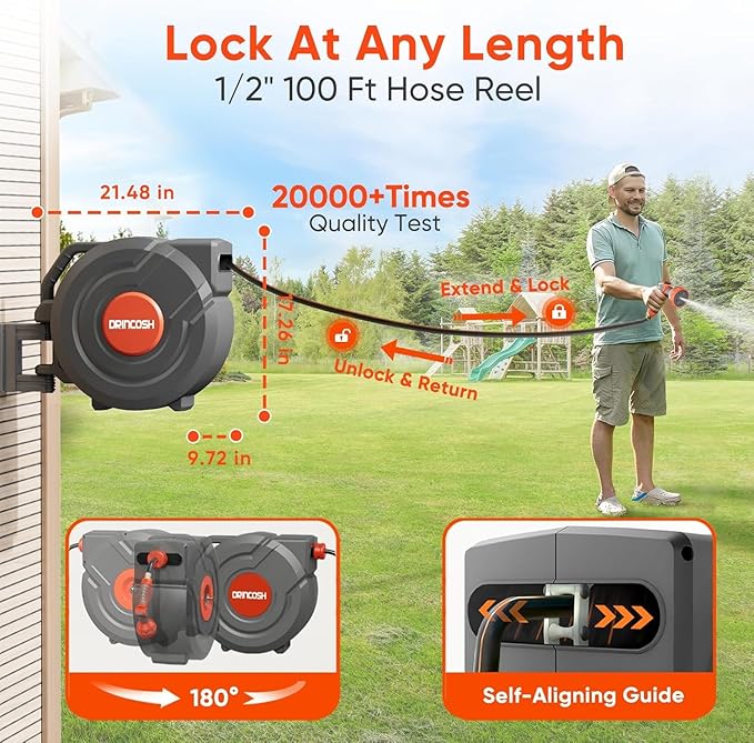 Retractable Garden Hose Reel 100 ft 1/2 inch Automatic Rewind with Any-Length Lock Water Hose 9 Pattern Sprayer Nozzle 180° Swivel Wall-Mounted Hose Reel for Home Yards