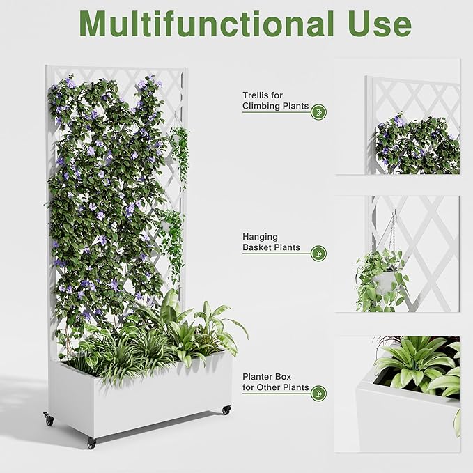 Casaphoria Metal Raised Garden Bed with Trellis and Wheels, 72"x35"x16" Planter Box for Climbing Plants, Vegetables & Vines, Features Drainage Holes and Privacy Screen, White-Rhombus