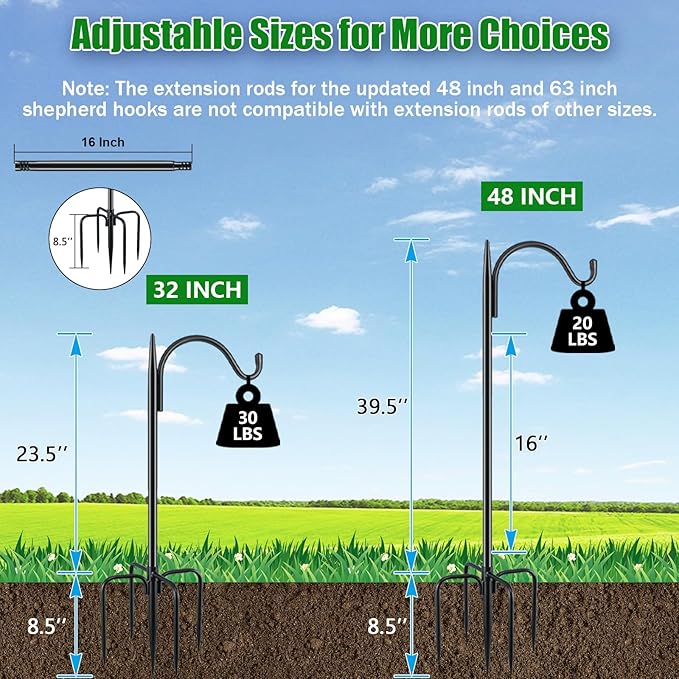 FEED GARDEN Short Shepherds Hooks for Outdoor, 48 Inch Bird Feeder Pole with 5 Prongs Base, Heavy Duty Shepherds Hook Garden Hook for Hummingbird Feeder, Hanging Lantern, Plant Baskets, 2 Pack