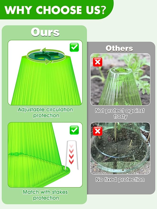 20 Pack Garden Cloches for Plants,9.4" H X 7.8" D Reusable Bell Plant Protector with 40 Ground Stakes and Rotary Vent Cover,Plant Covers Freeze Protection from Animals Snails Birds Chickens (Green)