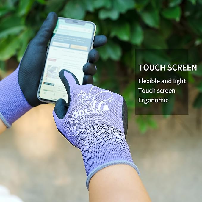 JDL 3 Pairs Nylon Nitrile Coated Gardening Gloves for Women, Touchscreen Yard Garden Gloves, Breathable Safety Work Gloves with Grip, Purple, Medium