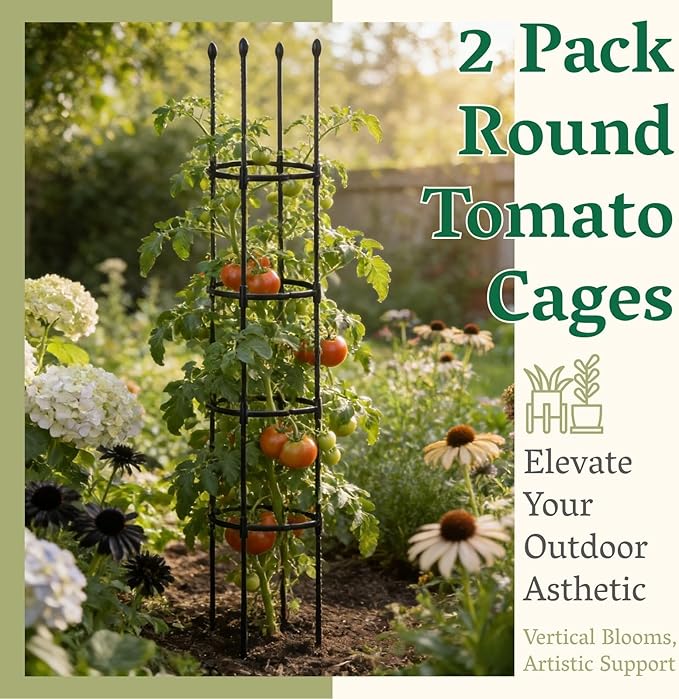 2 Pack Tomato Cages for Garden | Heavy Duty Rustproof Round Tomato Cage | 63 Inch Steel Core Plastic Coated Garden Trellis Plant Support for Tomato, Cucumber, Beans, Flower, Vegetable Indoor Outdoor