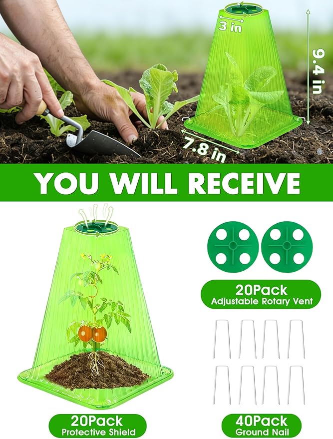20 Pack Garden Cloches for Plants,9.4" H X 7.8" D Reusable Bell Plant Protector with 40 Ground Stakes and Rotary Vent Cover,Plant Covers Freeze Protection from Animals Snails Birds Chickens (Green)