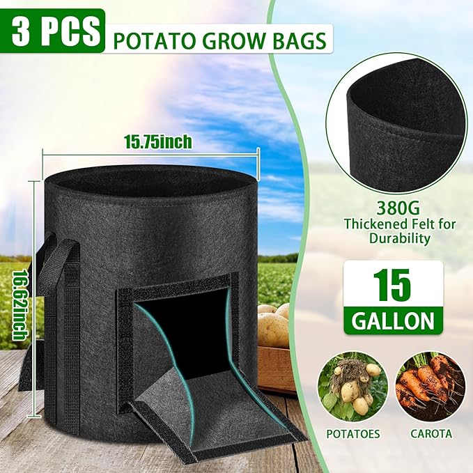 MJZ 3 Pack 15 Gallon Potato Grow Bags with Harvest Observation Windows, 380G Thickened Potato Bags for Growing Potatoes, Heavy Duty Nonwoven Fabric Garden Growing Containers to Grow Vegetable Tomatoes