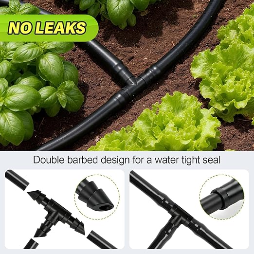 100 Pack 1/4" Drip Irrigation Tee Fittings：1/4'' Drip Line Double Barbed Tee Connectors for 1/4 Inch Irrigation Tubing Quarter Inch 3-Way T Connector for Irrigation System