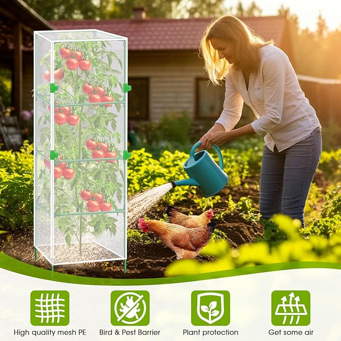3Pack Garden Bird Netting Plant Cover for Square Tomato Cage,55.1"x15.7" Insect Bird Barrier Tomato Cage Net with Zipper&12pcs Clips,Tomato Trellis Netting Protection Mesh Cover for Protecting Plants