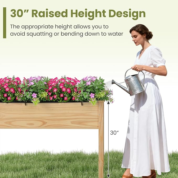 Giantex Raised Garden Bed, Elevated Wood Planter Box with Liner, 47"x23"x30" Freestanding Raised Bed for Indoor Outdoor Plants, Vegetables Flower Herbs Fruit Gardening