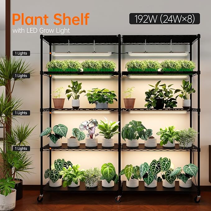 Bstrip 5-Tier Plant Shelf with Grow Light, Large L-Shaped or Long Shape Indoor Plant Stand, 8 Pack 192W T8 Full Spectrum Grow Lights for Indoor Plants & Seed Starting (58L x 13.8W x 59H)