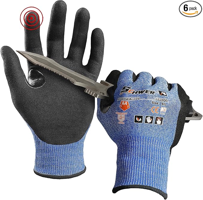 Schwer 6 Pairs ANSI A4 Cut Resistant Work Gloves with Extreme Lightweight & Thin, Sandy Nitrile Touchscreen Safety Working Gloves with Grip, 3D-Comfort Fit, Flexible and Breathable, L, AR3900