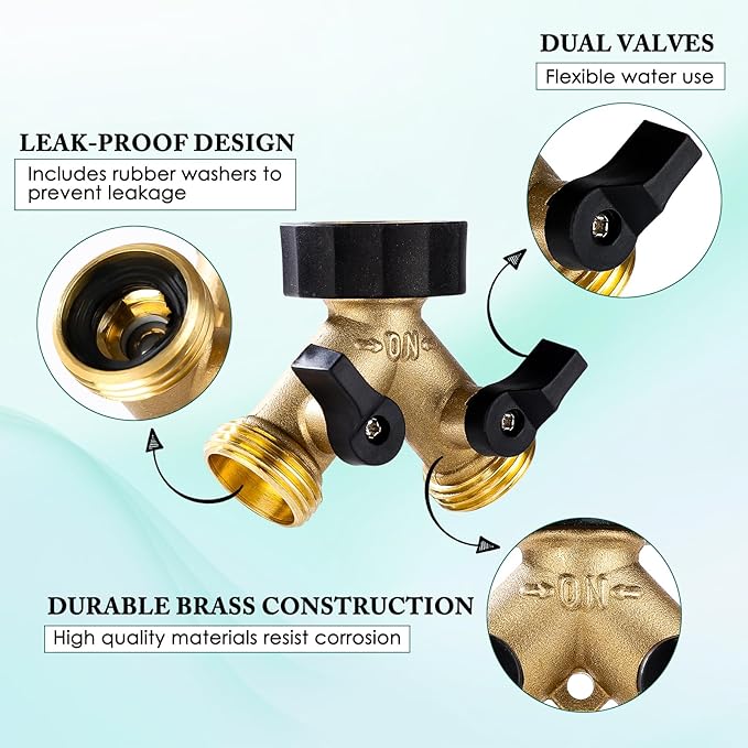 Dalmbox Garden Hose Splitter 2 Way, Y Connector Brass Garden Hose Adapter, Water Hose Splitter, Double Shut Off Valve, Includes 3 Rubber Washers & Teflon Tape(1 pack)