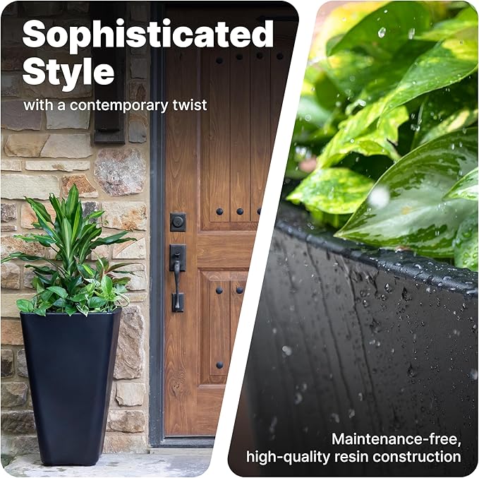 Step2 Bridgeview Tall Square Planter, Large Planters for Outdoor Plants, Gardening and Flower Pot for Patio or Porch, Efficient Drainage, Durable Plastic, Onyx Black, 2-Pack