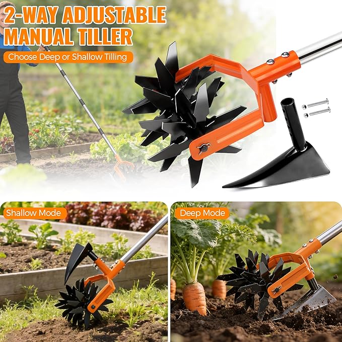 Pankay Rotary Hand Tiller for Gardening, Garden Cultivator Tool with Tilling Blade, 63’’ Adjustable Stainless Steel Poles Cultivators for Gardening, Lawn Care, Reseeding Grass, Soil Mixing