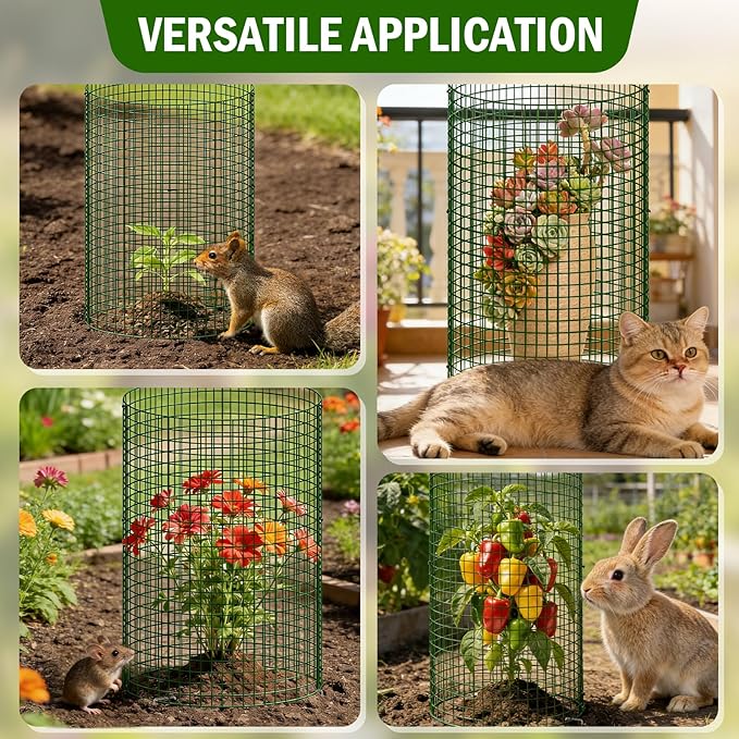 Uyittour 10 Pack Plant Protectors from Animals, 12" x 16" Round Metal Wire Garden Plant Cages to Keep Animals Out, Rabbit Proof Protection for Vegetables & Flowers with Stakes, Zip Ties & Gloves