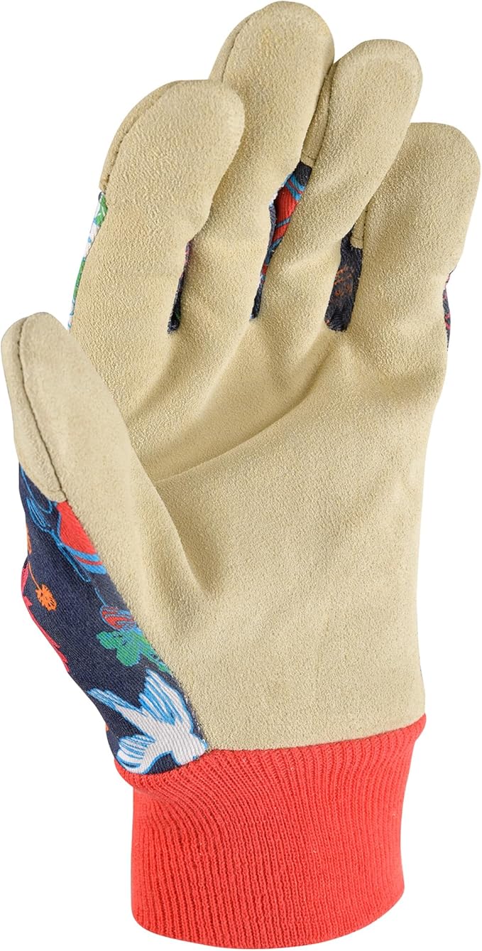 Wells Lamont Women's Leather Palm Garden Print Fabric Gardening Gloves, Navy, Small (4180S-990)
