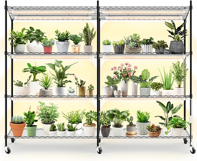 Bstrip Plant Shelf with Grow Light, 4-Tier Large Grow Light Shelf with Wheels, Stainless Steel, 12-Pack 288W T8 Full Spectrum Grow Lights for Seed Starting(57.4" L x 13.8" W x 59" H)
