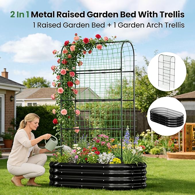 2 in 1 Galvanized Raised Garden Bed with 71" H Arch Trellis for Climbing Plants, Outdoor Gardening Planter Box with Climbing Net for Flowers Vegetables Fruits Herbs, Black