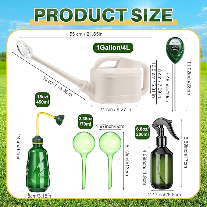Reallnaive 6 Pcs Indoor Watering Can Set 1/2 Gallon Can 6.8 oz Spray Bottle 17 oz Squeeze Bottle Plant Watering Globes Soil Moisture Meter Small Spraying Set for Indoor Outdoor (White)