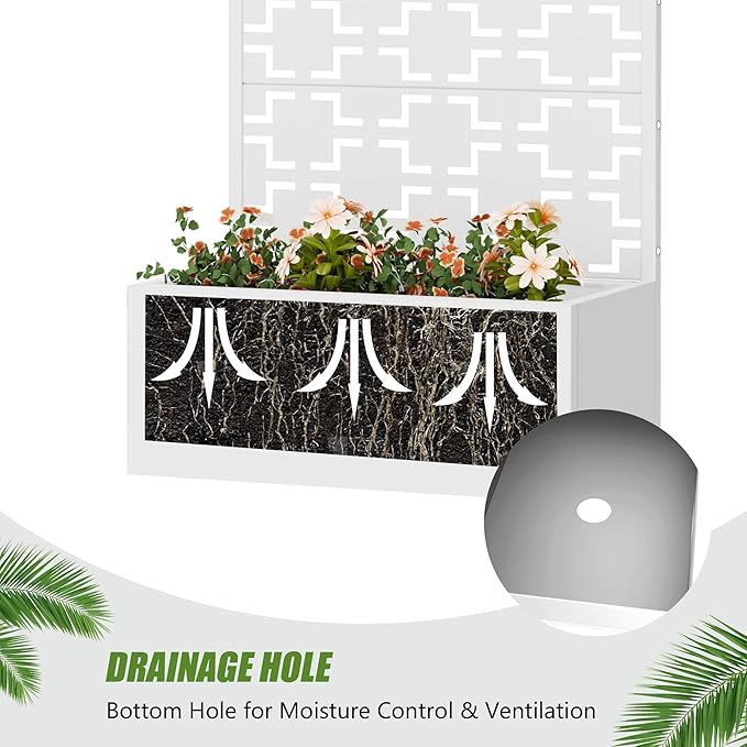 Casaphoria Metal Raised Garden Bed with Trellis, 59"x30"x12" Planter Box for Climbing Plants, Vegetables & Vines, Features Drainage Holes and Privacy Screen, White-Square