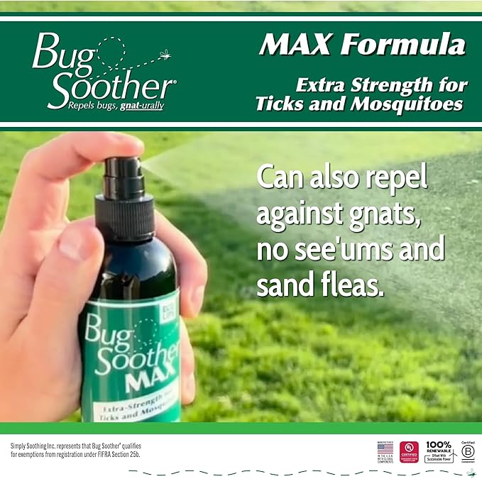 Bug Soother® MAX Natural Tick & Mosquito Repellent Spray – DEET-Free Extra Strength Outdoor Bug Protection, Plant-Based Formula – Made in USA (3ct 4 oz Bottles + 1 oz Bonus)