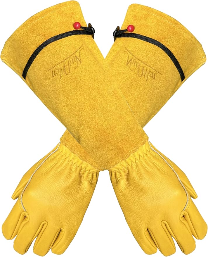 Heavy Duty Long Leather Garden Gloves Thorn and Cut Proof Garden Work Gloves (Yellow 2, Medium)