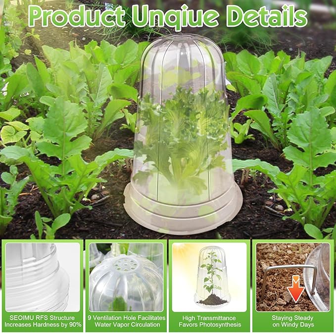10 Pcs Upgraded Transparent Garden Cloches for Plants, Reusable Plant Covers, Plant Protectors from Animals for Garden Plants, Plant Covers Freeze Protection, Compatible with Slug Collar