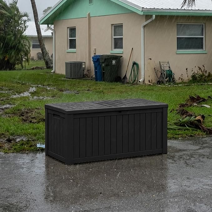 150 Gallon Outdoor Storage Deck Box Waterproof Resin Lockable Outside Bench Porch Patio Furniture Pool Float Garden Tool Cushion UV Resistant Bin Black