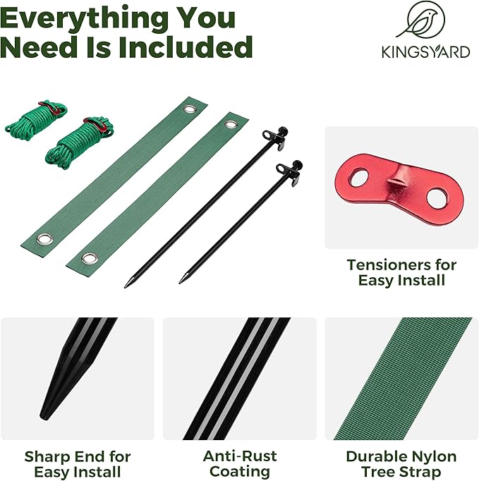 Kingsyard Heavy Duty Tree Stake Kit, 6 Pcs 16 Inch Steel Tree Stakes and Supports for Leaning Young Trees Straightening Kit Against Bad Weather, with 6Pcs Straps & 6Pcs 13ft Anchor Ropes