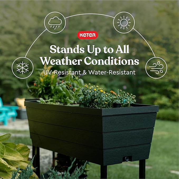 Keter Urban Bloomer 12.7‑Gallon Raised Garden Bed – Elevated Outdoor Planter Box with Self‑Watering Reservoir, Water Gauge & Drainage System, Perfect for Herbs & Vegetables, Dark Grey
