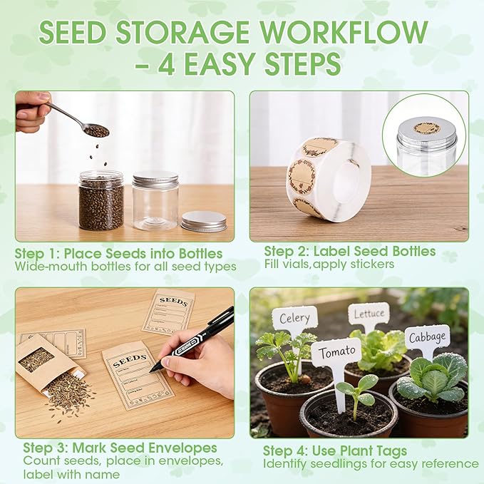 Seed Storage Organizer, Metal Garden Seed Storage Box Kit with 18 Wide-Mouth Vials, 30 Plant Tags, 30 Envelopes, 500 Labels and 1 Marker, for Garden Flower Plants