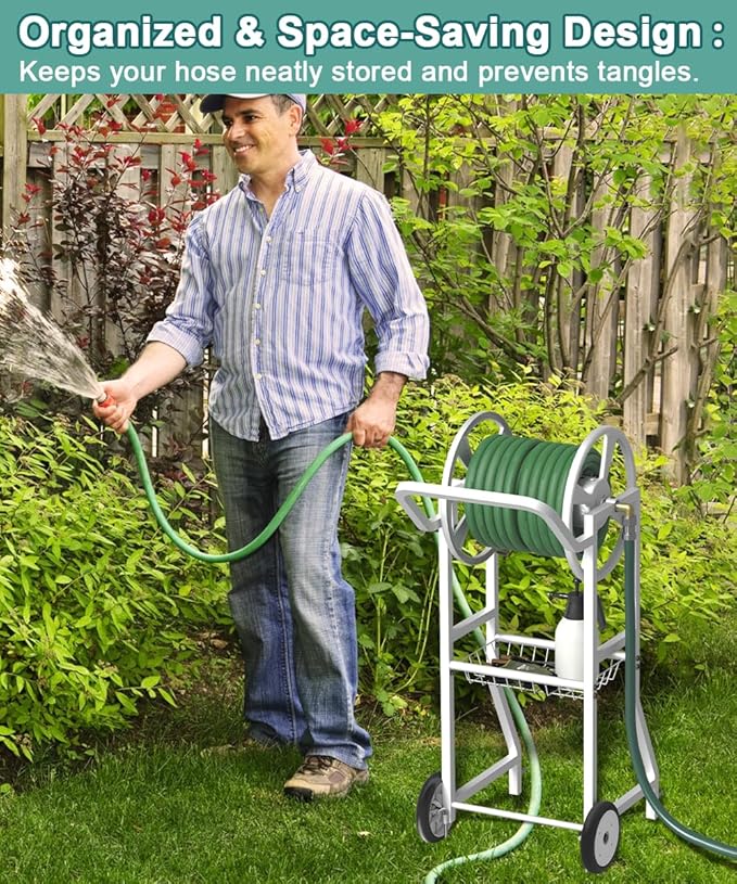 Garden Hoses Reel Cart with Wheels, Outdoor Heavy Duty Powder Coated Steel Water Winder Storage Holds 125 ft 5/8" Hose with 3.9ft Leader Hose and Basket for Backyard, Yard, Lawn, White