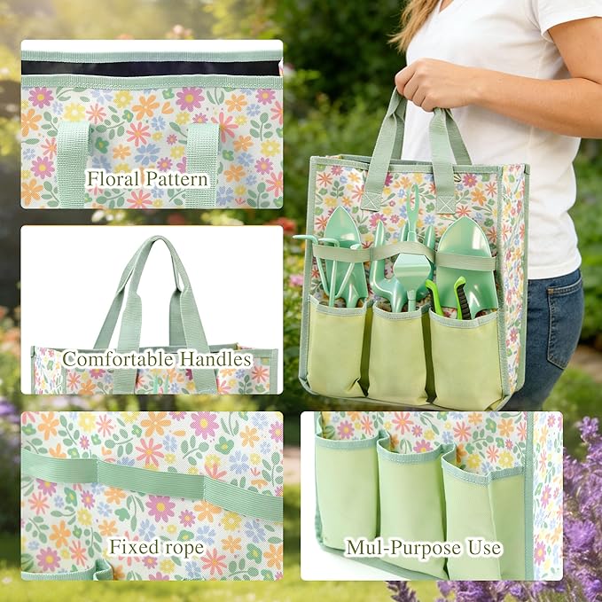 Gardening Tools 9-Piece Heavy Duty Gardening Hand Tools Set (Green), Stainless Steels and Reinforced Garden Supplies Kit, Durable Garden Tools Organizer Handbag, Ideal Garden Gifts for Women
