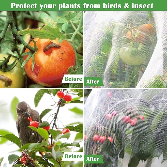 Unves Garden Netting, Bird Mesh Mosquito Netting, Row Covers Bird Net Barrier Screen Protect Fruits Crops, White Plant Cover Garden Mesh for Raised Beds Covers from Bugs Insect