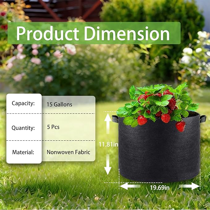 iGarden Grow Bags Tall,15 Gallon Grow Pots 5 Pack with Handles, Heavy Duty 320G Thickened Nonwoven Fabric Plant Bag for Vegetables, Black
